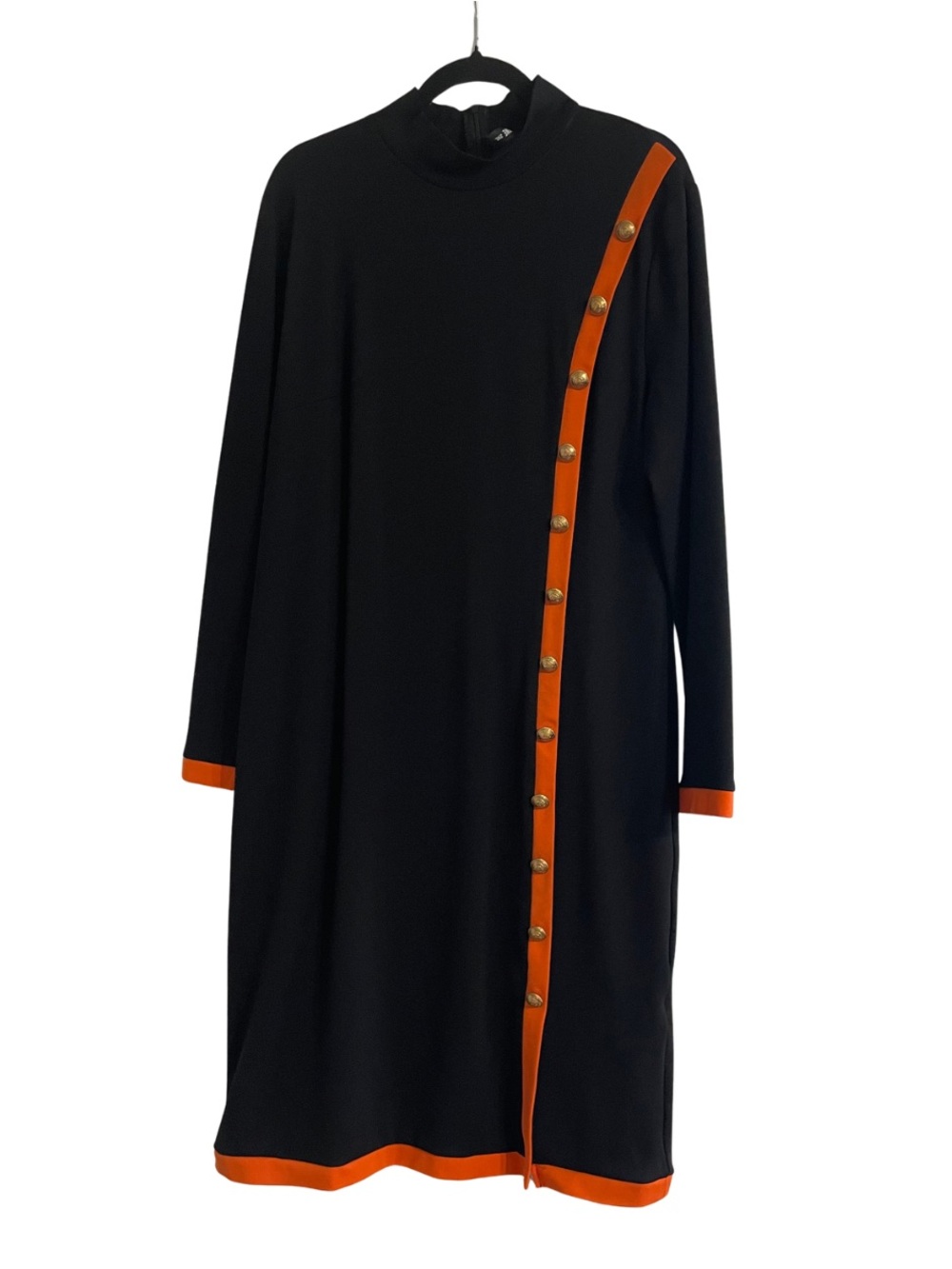 STYLEWE Black Long-Sleeve Shift Dress with Orange Trim and Gold Buttons